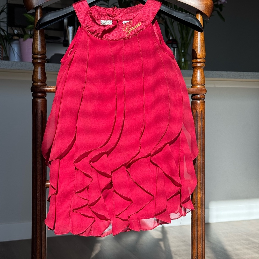 Guess Girls Red Tiered Chiffon Dress Size 5 Years Sleeveless Ruffle Party